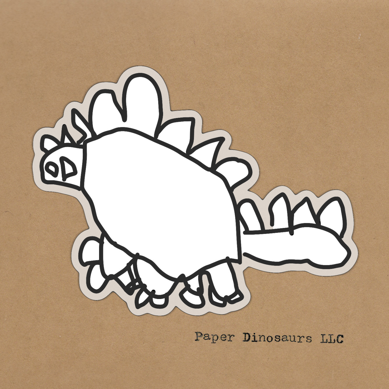 Hand drawn dinosaur with typewritten text: Paper Dinosaurs LLC